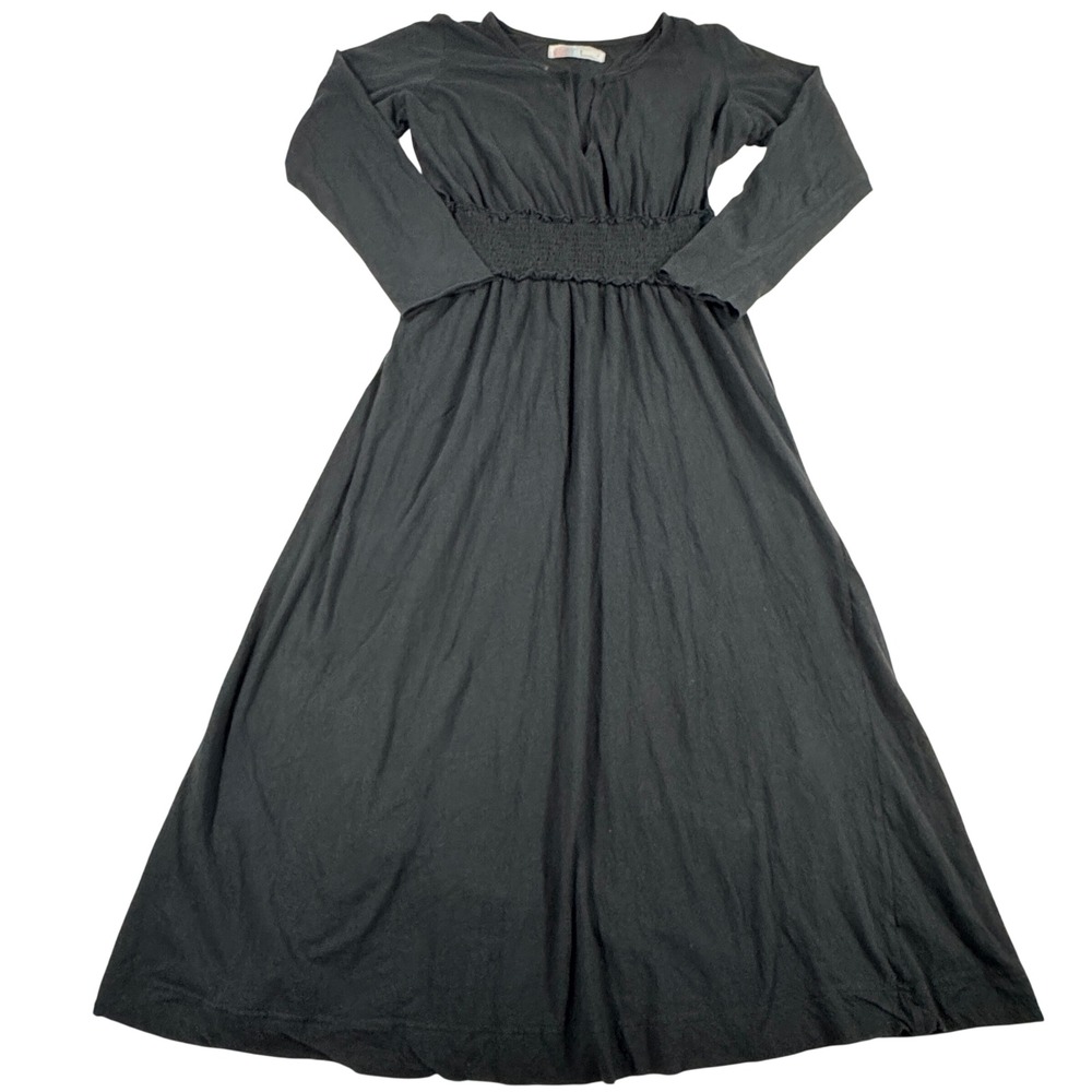 Free People Beach Black Cotton Linen Smocked Waist Midi Dress Large Boho Luxury